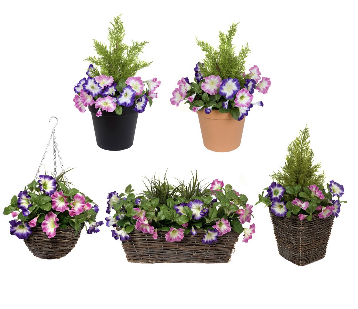 Flower Window Box Artificial Pink & Purple Petunia Flowers Rattan Flower Box