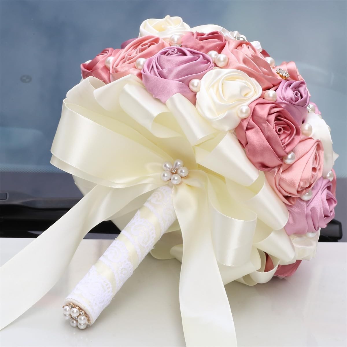 Mhojpik 7.5″ Bridal Wedding Bouquet Round Bling Brooch Bouquet Throw Toss Art…