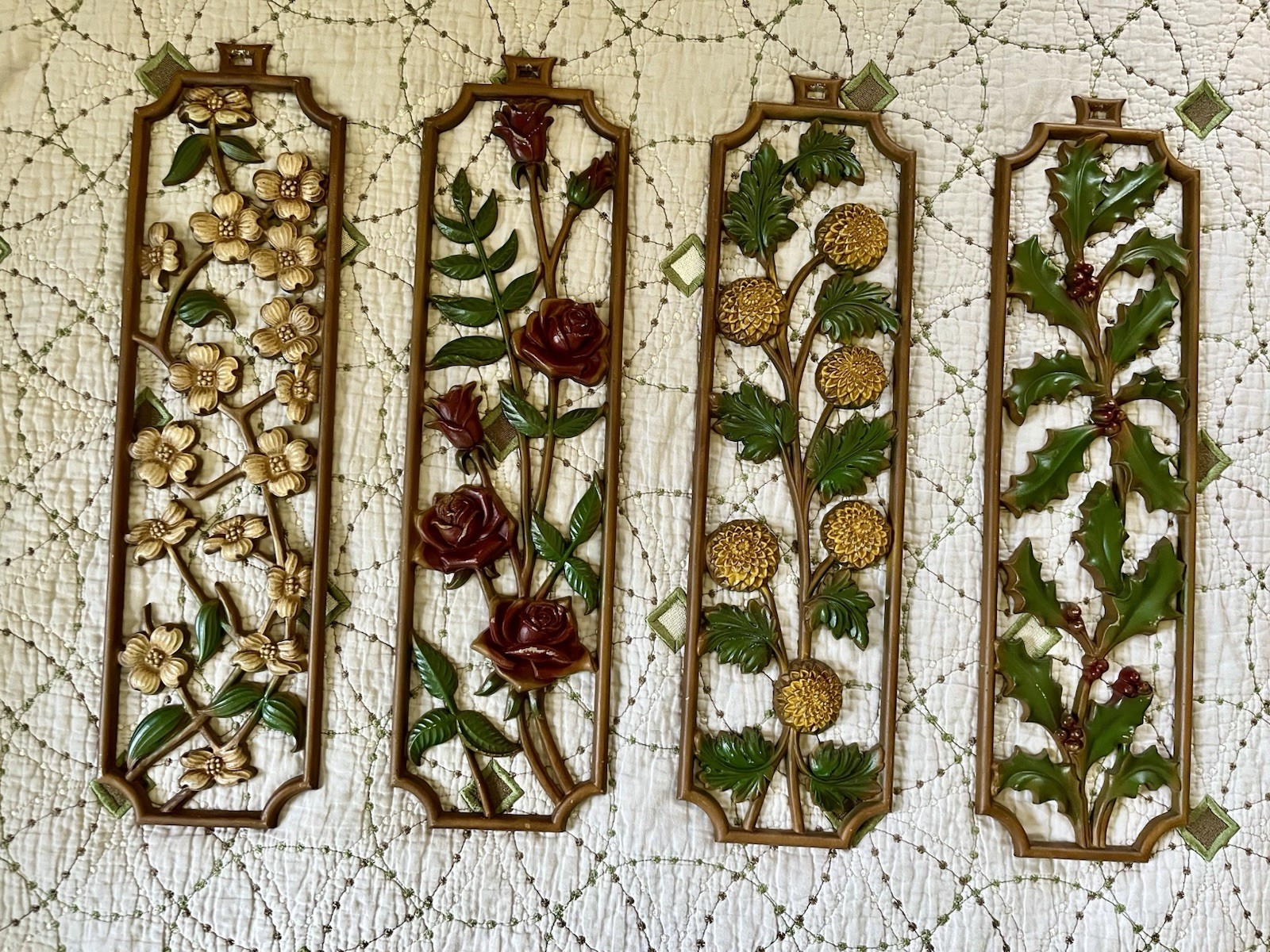 MCM Sexton 4 Season Floral Wall Plaques Embossed Cast Aluminum 1965 – 1979 USA