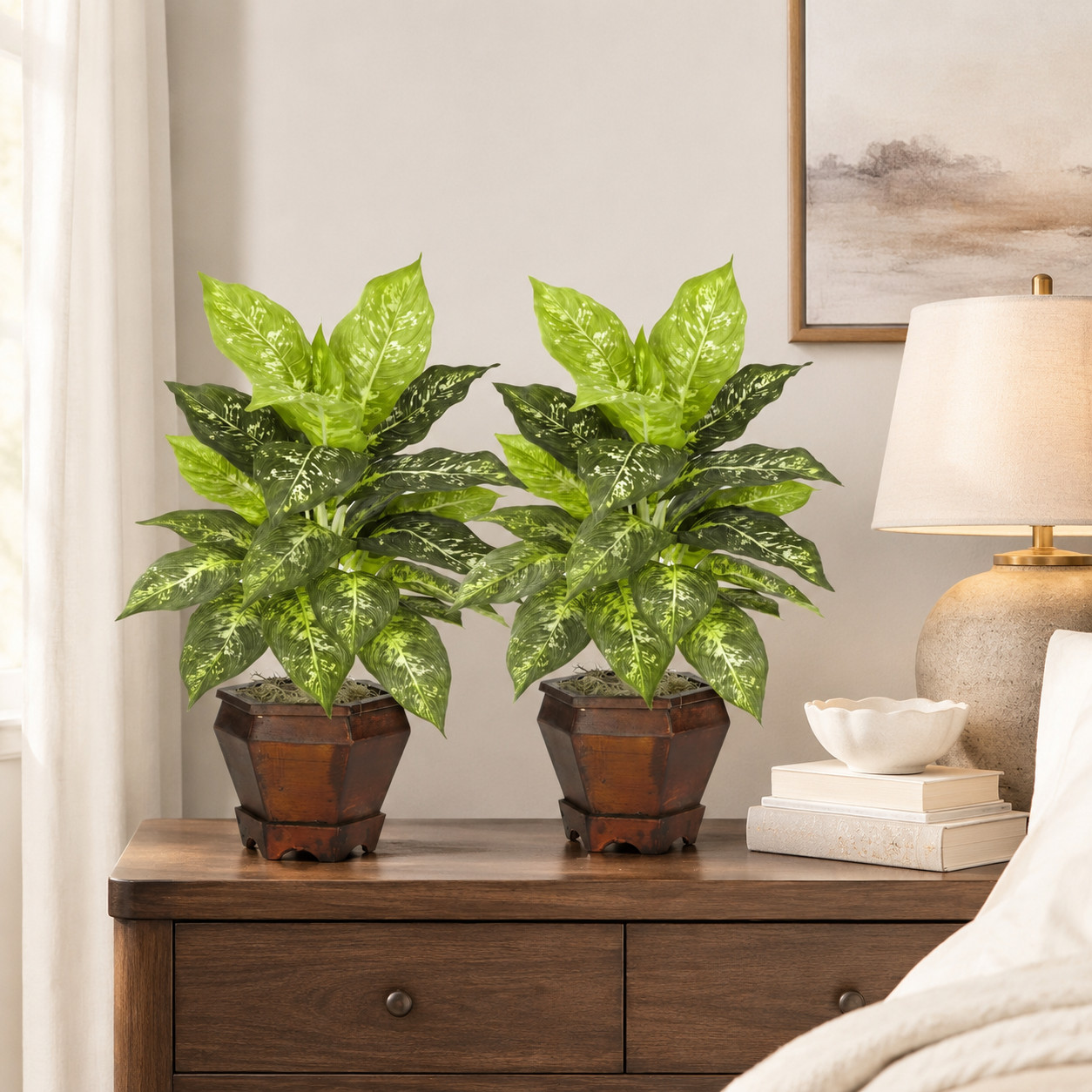Golden Dieffenbachia w/Wood Vase Silk Plant Variegated