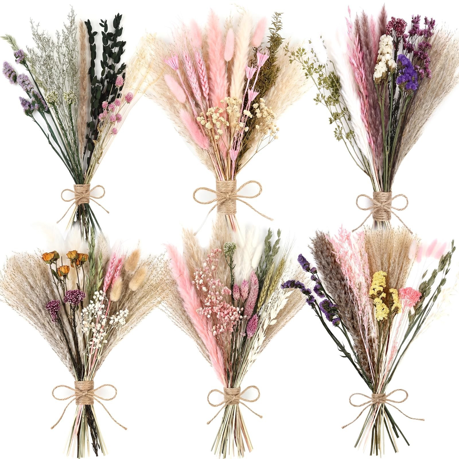 Large Dried Flower Bouquet 6 Bunches Pink Pampas Grass & Roses for Boho Decor