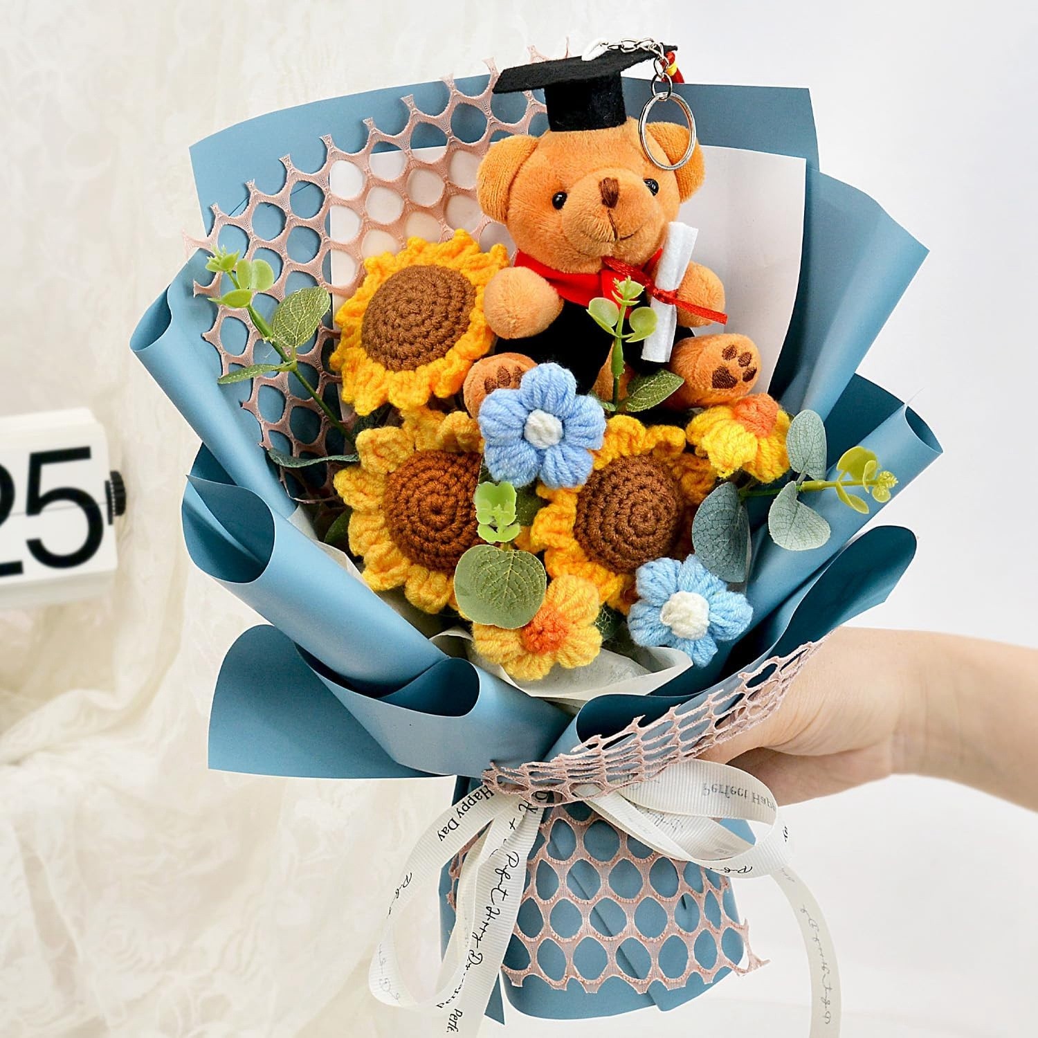 Graduation Gifts Crochet Flower Bouquet, Handmade Sunflower & Rose Bouquet6792
