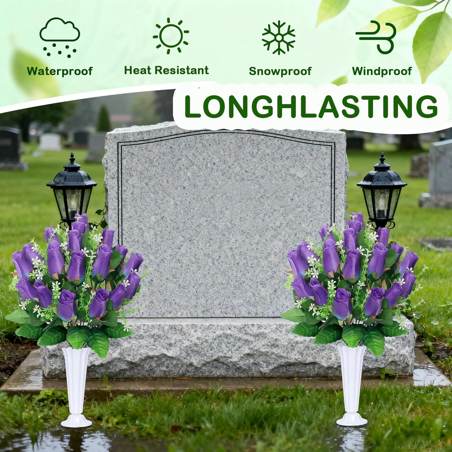 Artificial Cemetery Flowers – Rose Bouquets with Vase for Grave Decoration (P…
