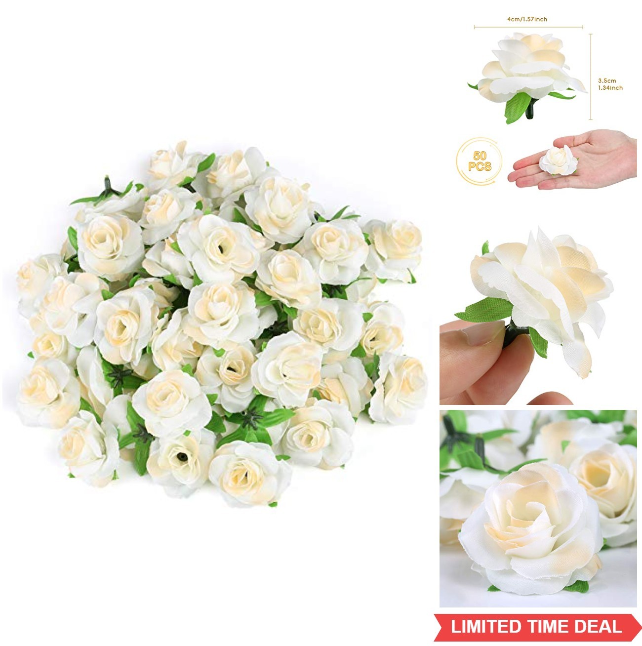 50 Mini Cream White Artificial Roses 1.6 Inch Silk Fake Flower Heads Crafts