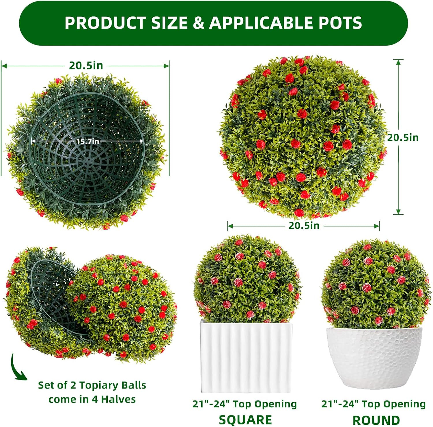 Set of 2 20.5″ Artificial Boxwood Topiary Balls with Red Flowers for Home Decor