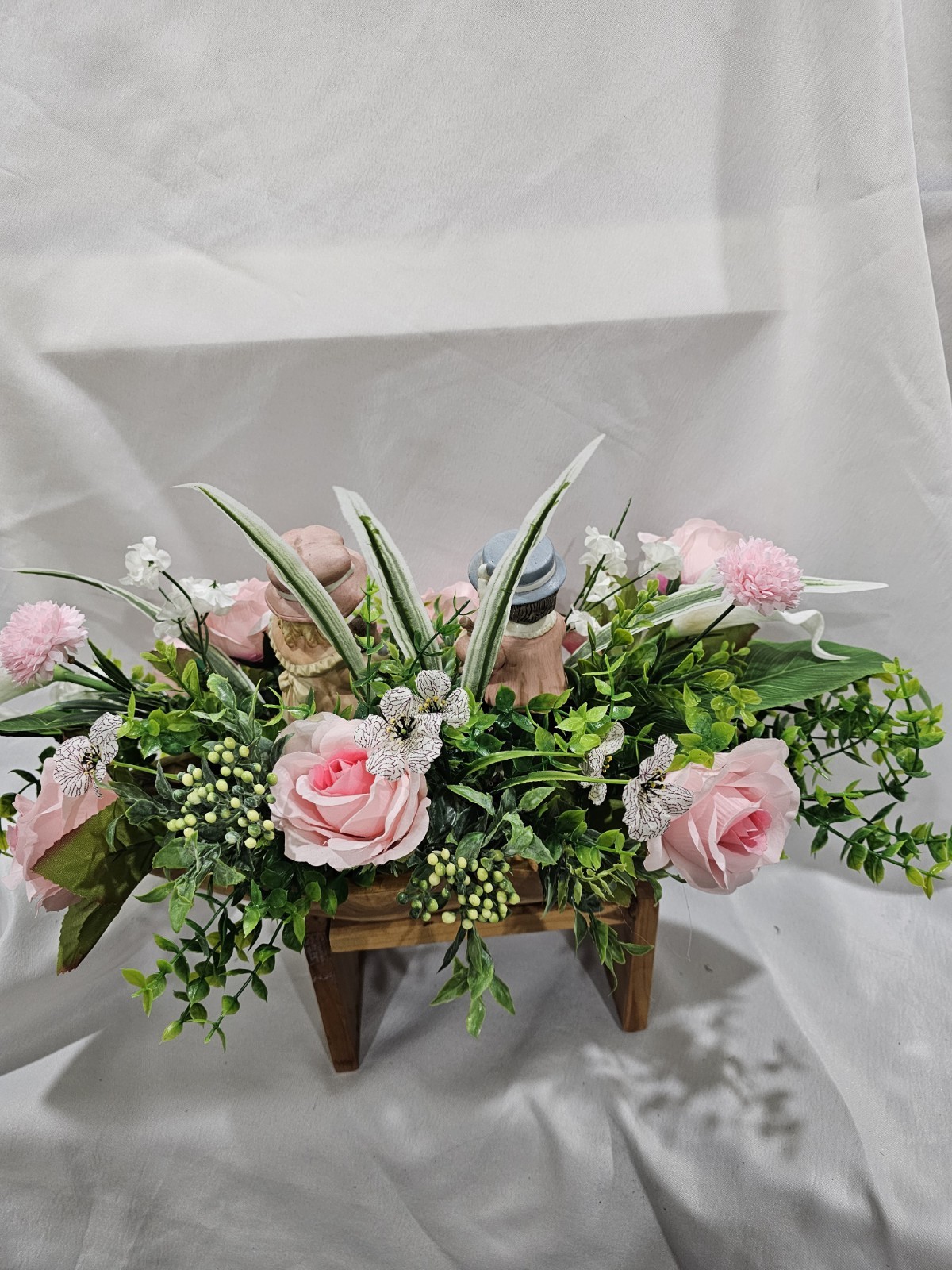 Lovely Floral Centerpiece, Pink Roses, 2 darling children. 15″W in solid wood