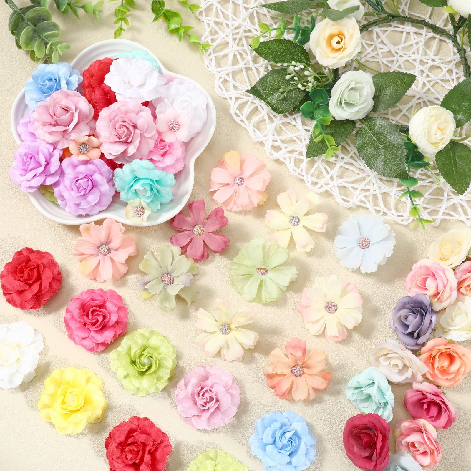 300 PCS Spring Assorted Small Fake Flower Heads Silk Daisy Rose Plum Craft