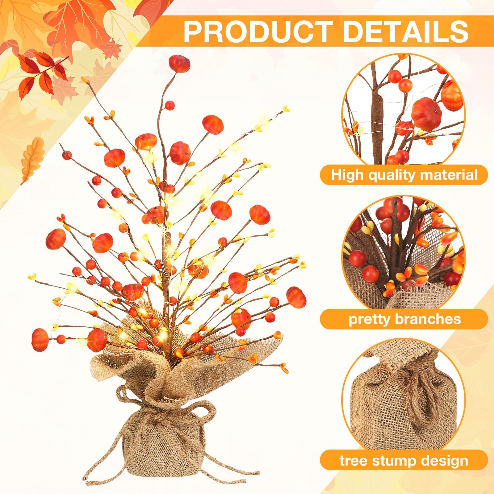 2 Pcs Thanksgiving Lighted Fall Tree Tabletop LED 18 Inch Pumpkin Decor