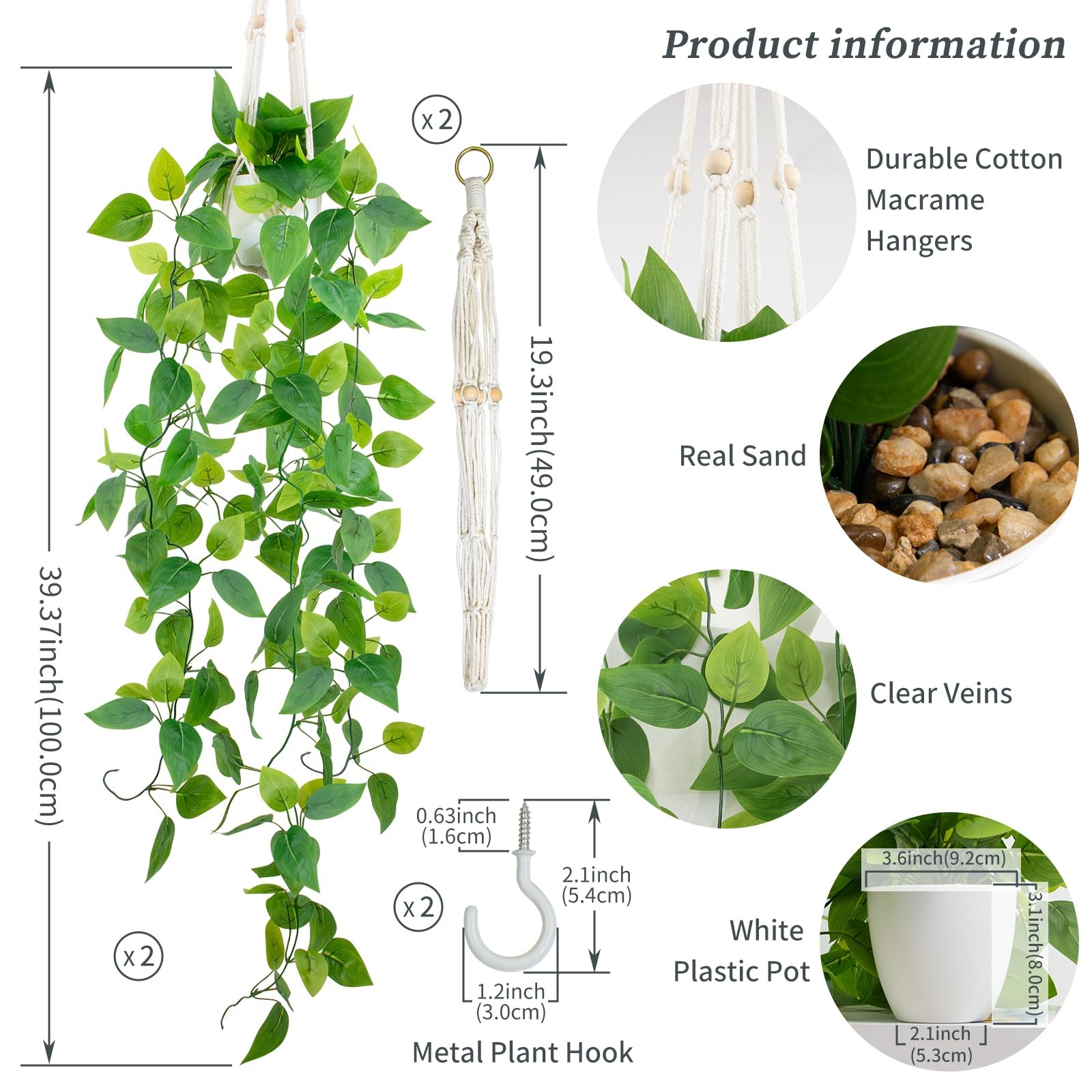2 Pack 39 Inch Artificial Hanging Plant Kit Fake Pothos Vines White Pot