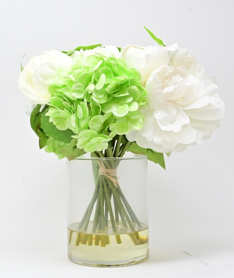 13″ Artificial Peony Hydrangea and Tulip Glass Arrangement