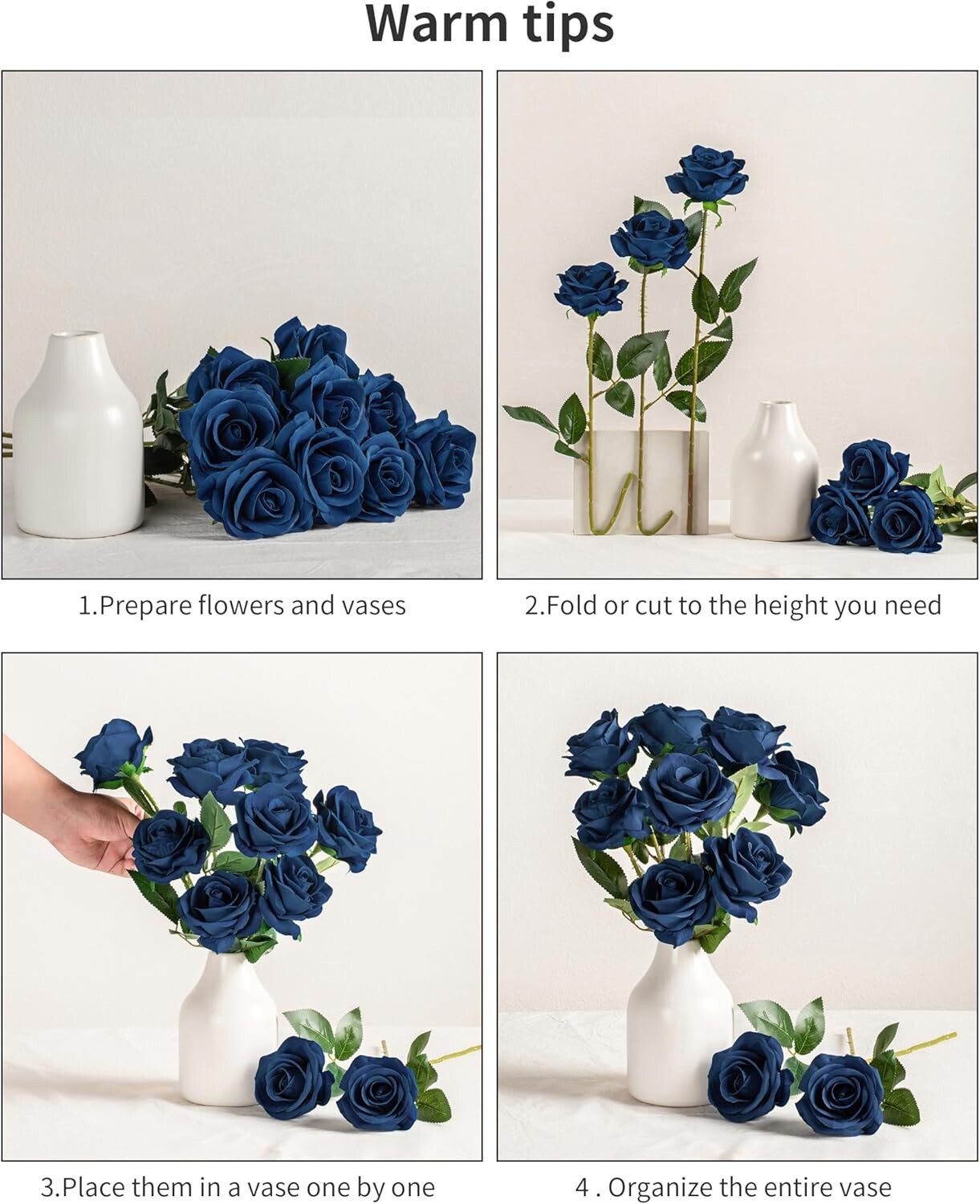 Pack of 10 Navy Blue Silk Roses – Perfect for Wedding Arrangements & DIY