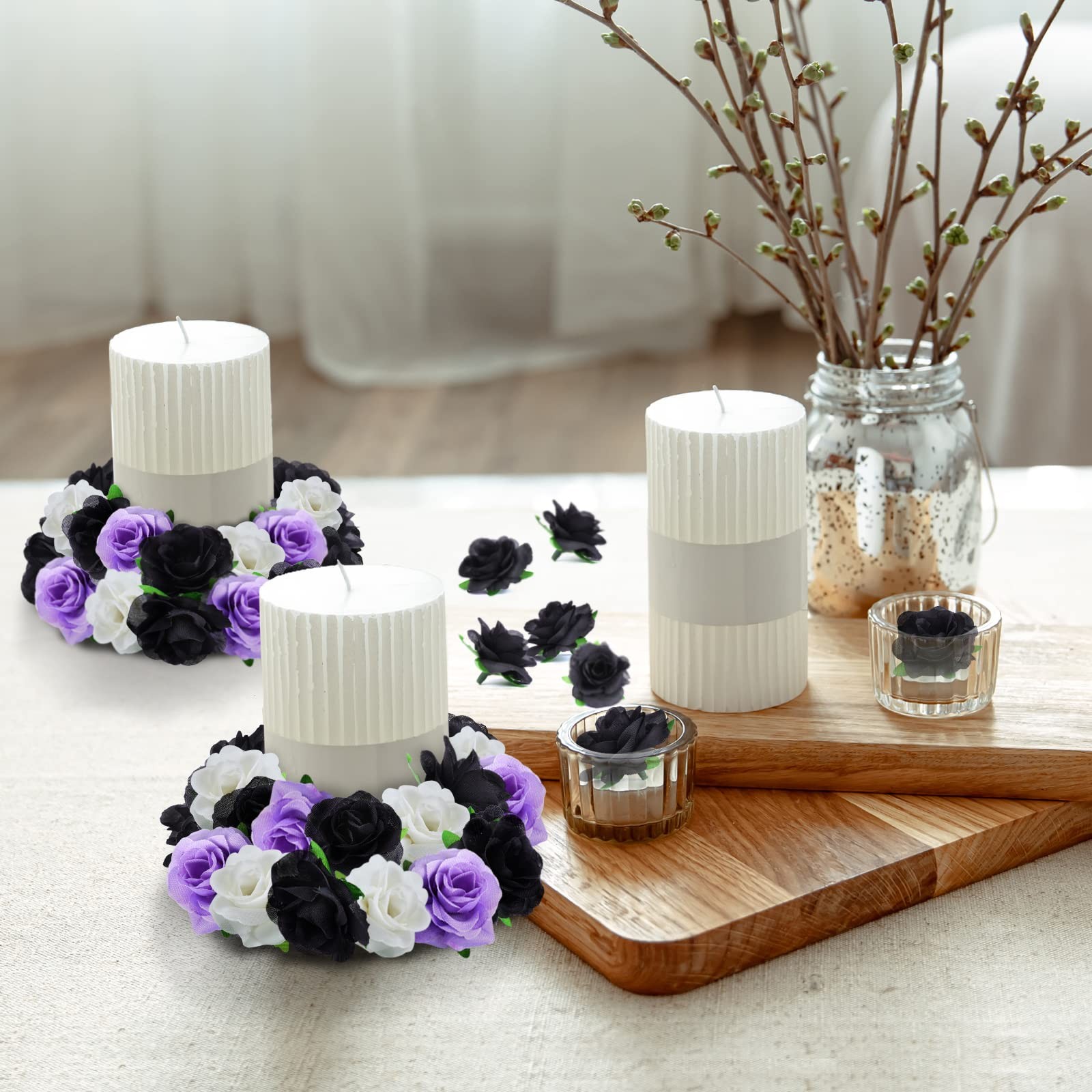 50 Pcs Mini Black Silk Artificial Real Touch Fake Rose Flower Heads 1.57 Inch