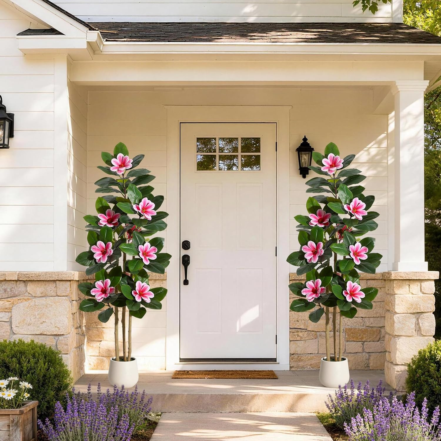 60″ Faux Rubber Tree with Real Touch Leaves & Pink Flowers for Home Decor