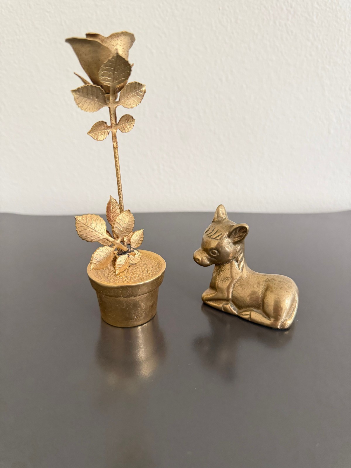 Vintage Brass Rose and Resting Fawn or Pony Figurine Miniature Home Decor MCM