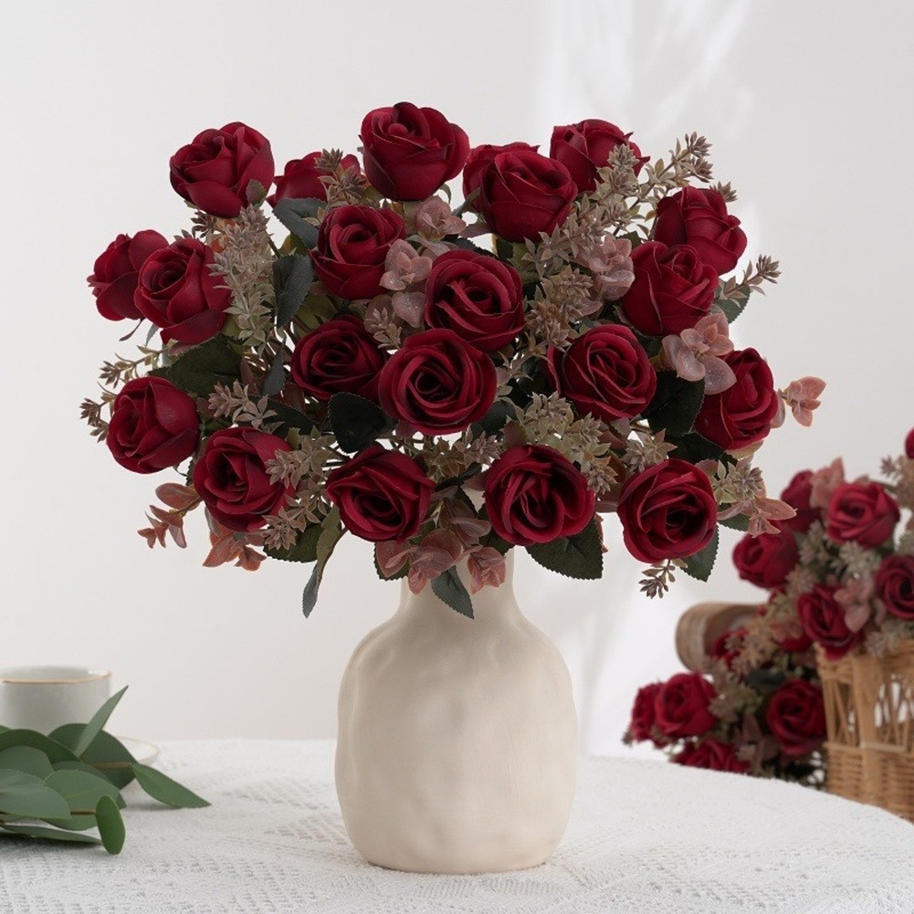 Silk Rose Bouquet Artificial European Style for Bedroom Living Room Decor