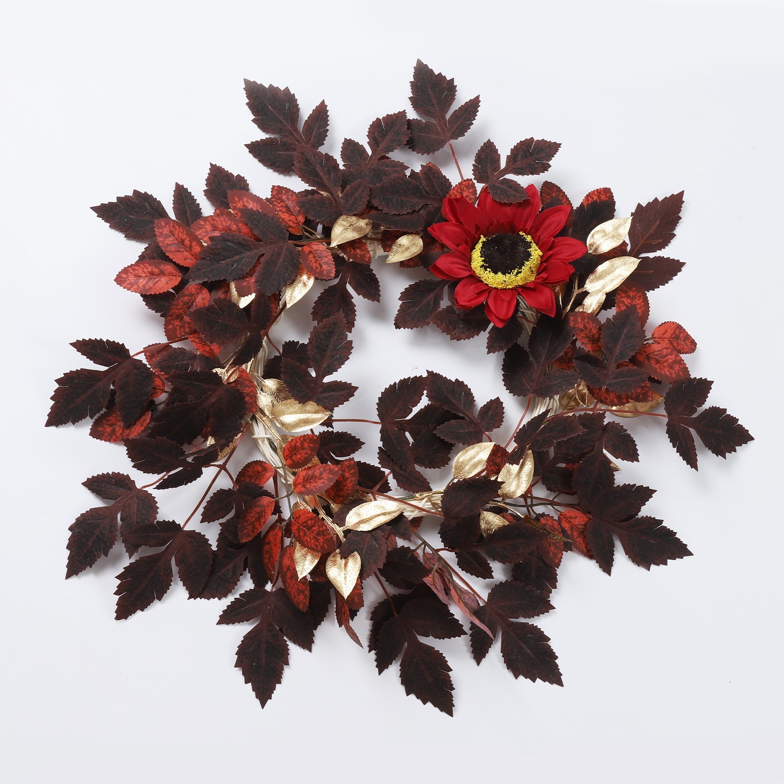 18in For Autumn Wreath with Sunflowers Dark Leaves and Metallic Gold Elements