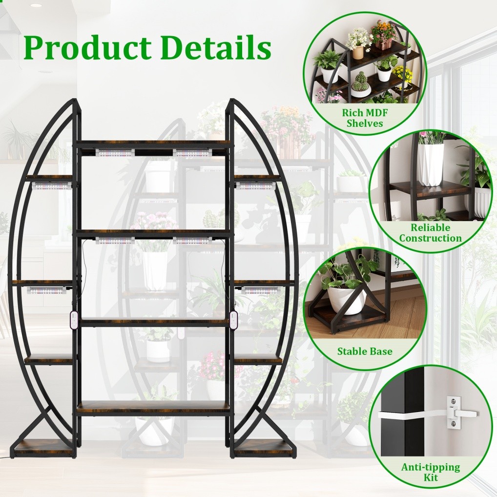 Heavy Duty Plant Stand with Grow Lightstall LED Half-moon Storage Display Shelf