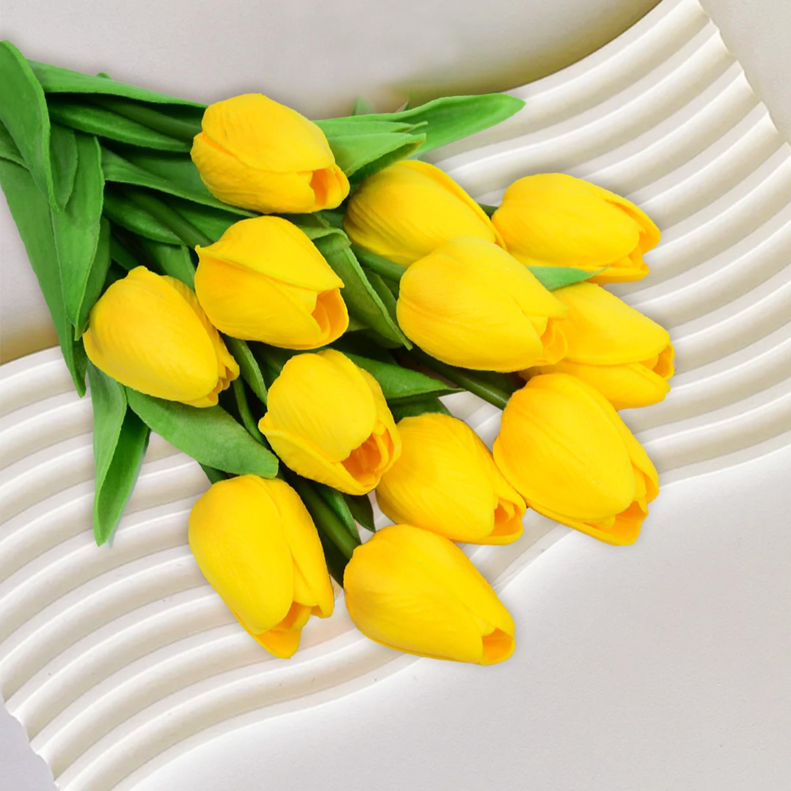 12pcs Yellow Tulips Artificial Flowers, 13.4″ PU Flowers Fake Tulips for Spri…