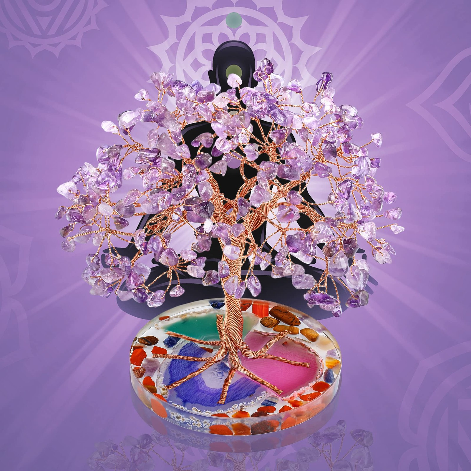 7 Chakra Healing Crystal Stones Tree, Amethyst Leaf Wire Wrapped on Natural A…