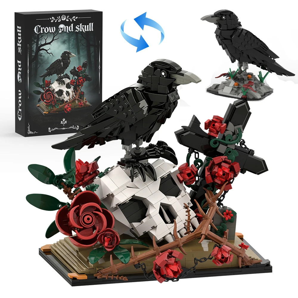 Raven Skull Roses Flower Building Blocks Set , Skull Planter Botanical Collectio