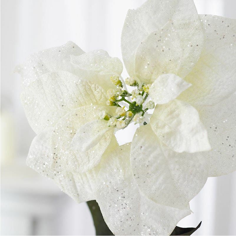 12 ARTIFICIAL FAUX VELVET GLITTER WHITE/GREEN POINSETTIA STEMS PICKS CHRISTMAS