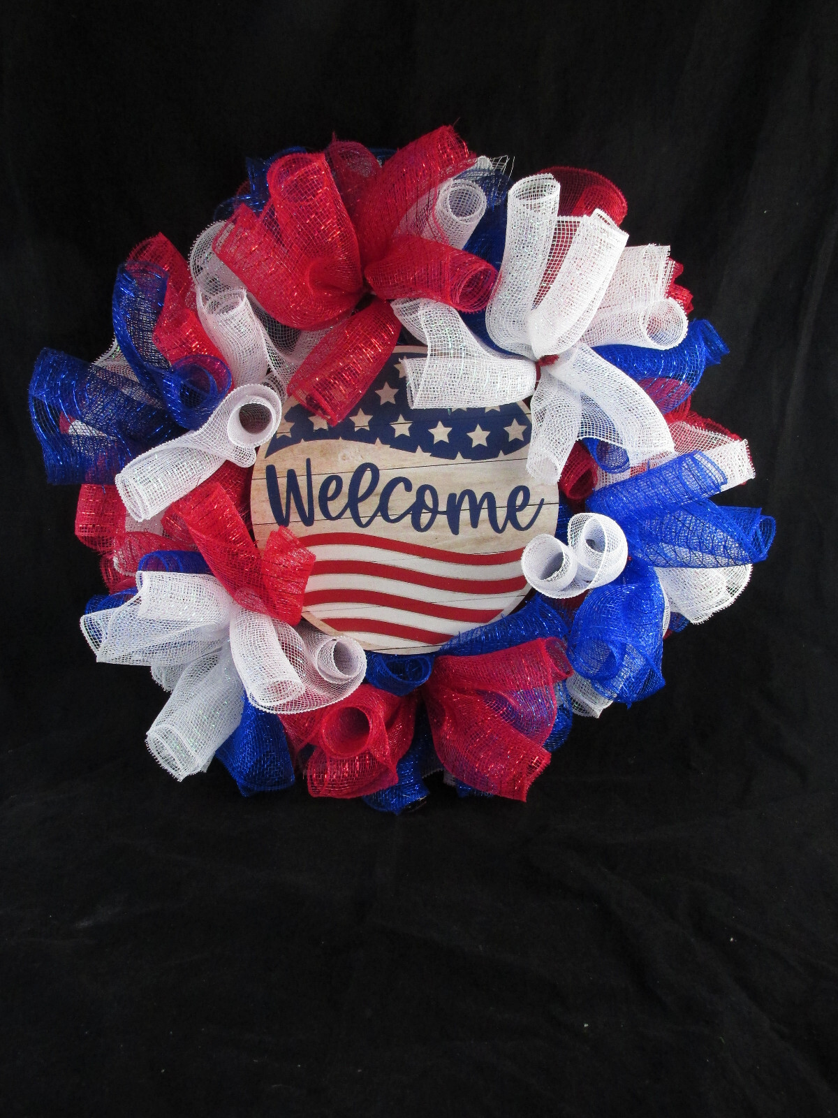 Red, White, and Blue Woodland Cruffle Deco Mesh Ribbon Welcome Wreath