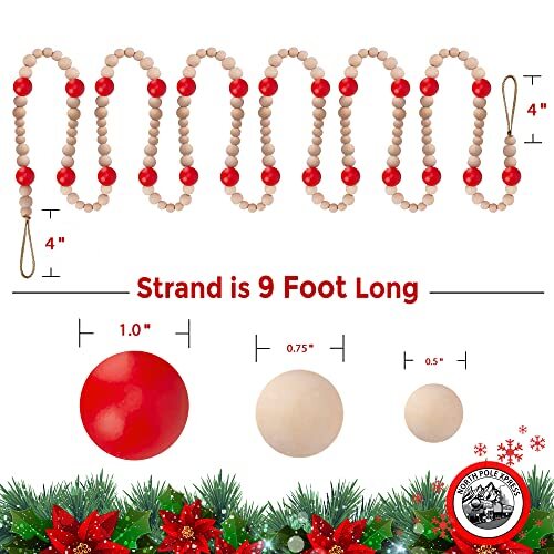 9 Foot Red & Natural Wood Bead Ball Christmas Garland | Wooden Christmas Tree