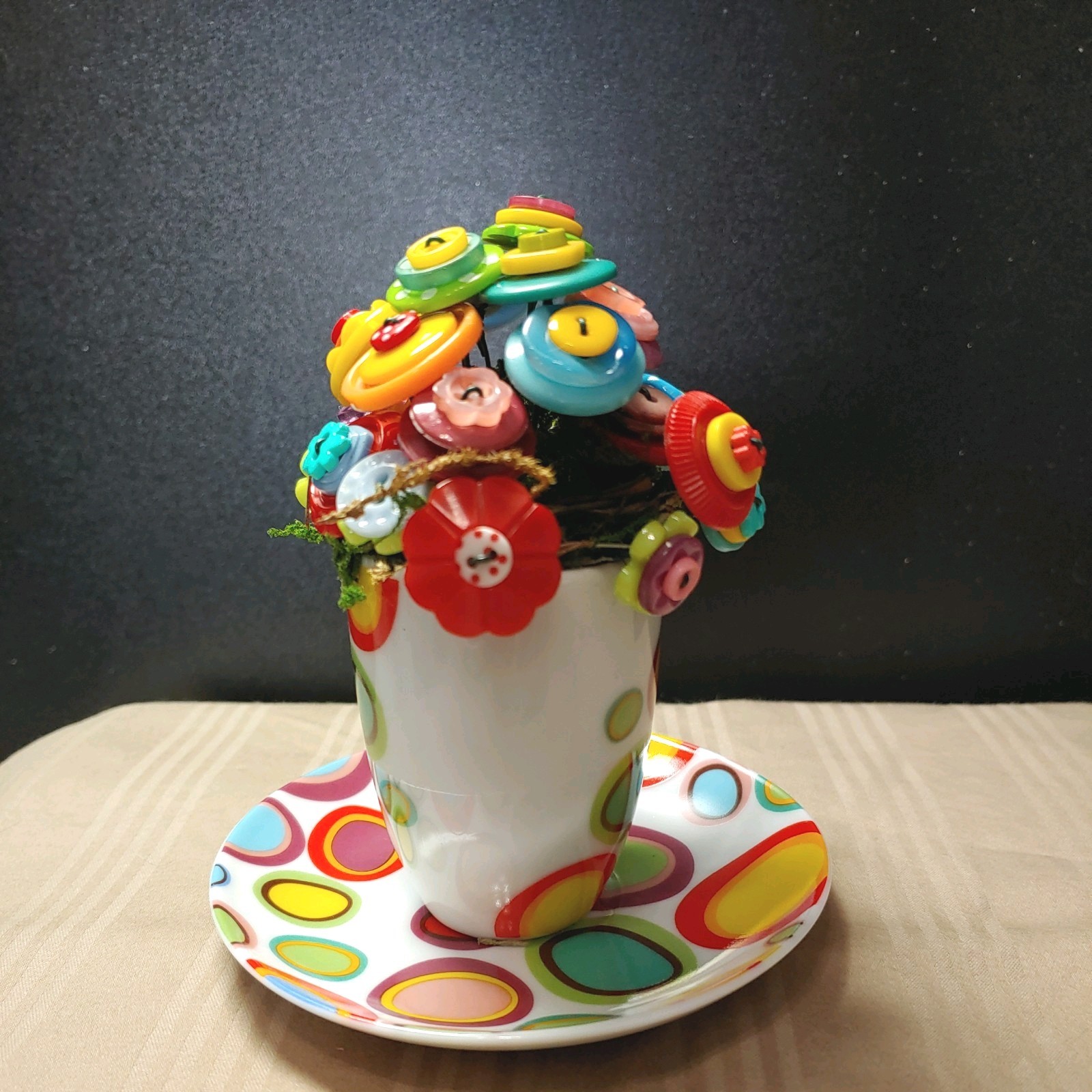 Rainbow Button Bouquet in mini polka dot cup and saucer. only 5 inches tall!