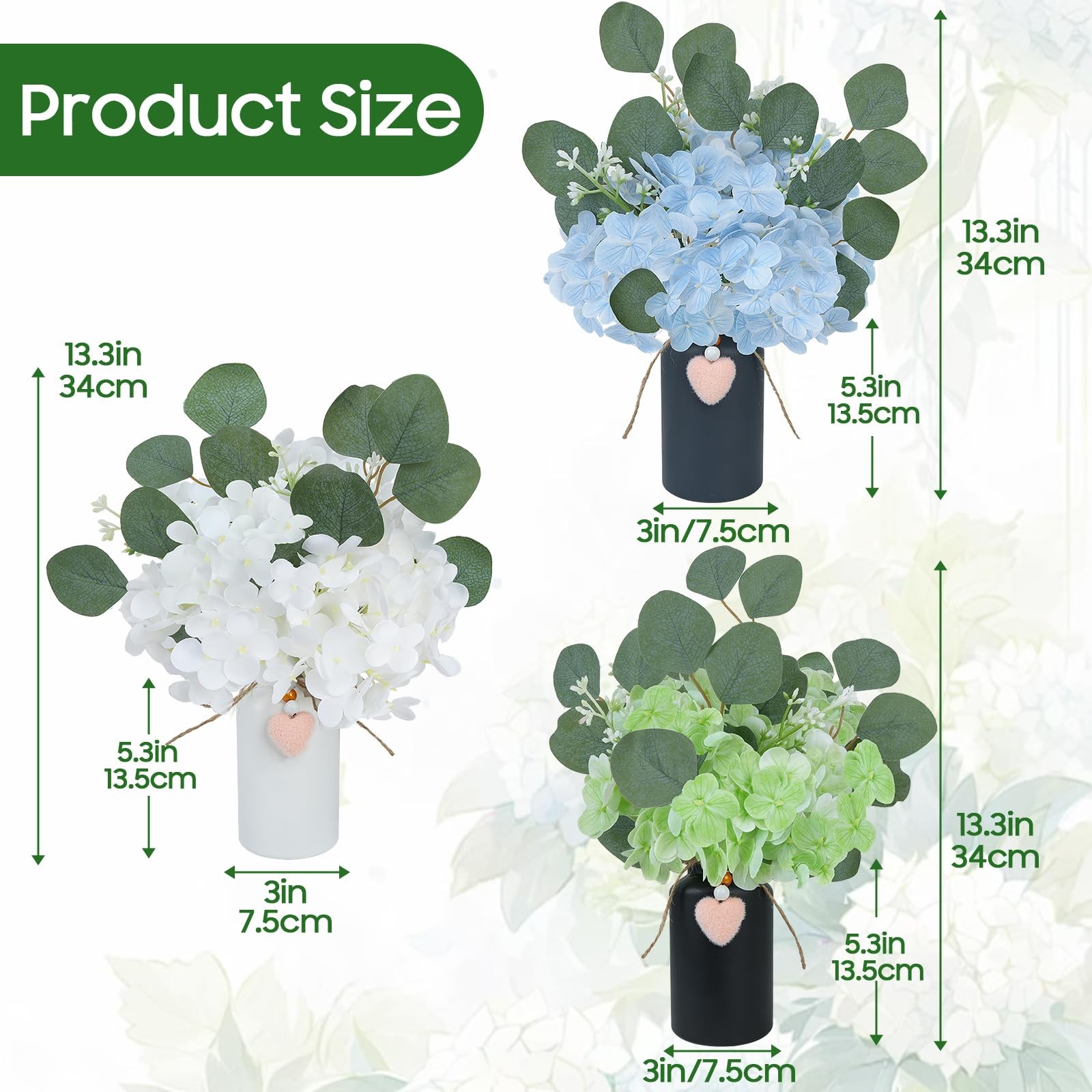 Artificial Hydrangea Flowers in Mason Jar Vase, Set of 3 Faux Hydrangea and E…
