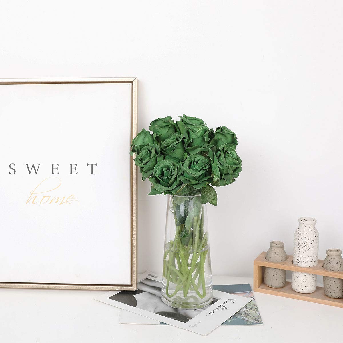10 PCS Artificial Silk Rose Flower Bouquet Lifelike Fake Dark Green Decor