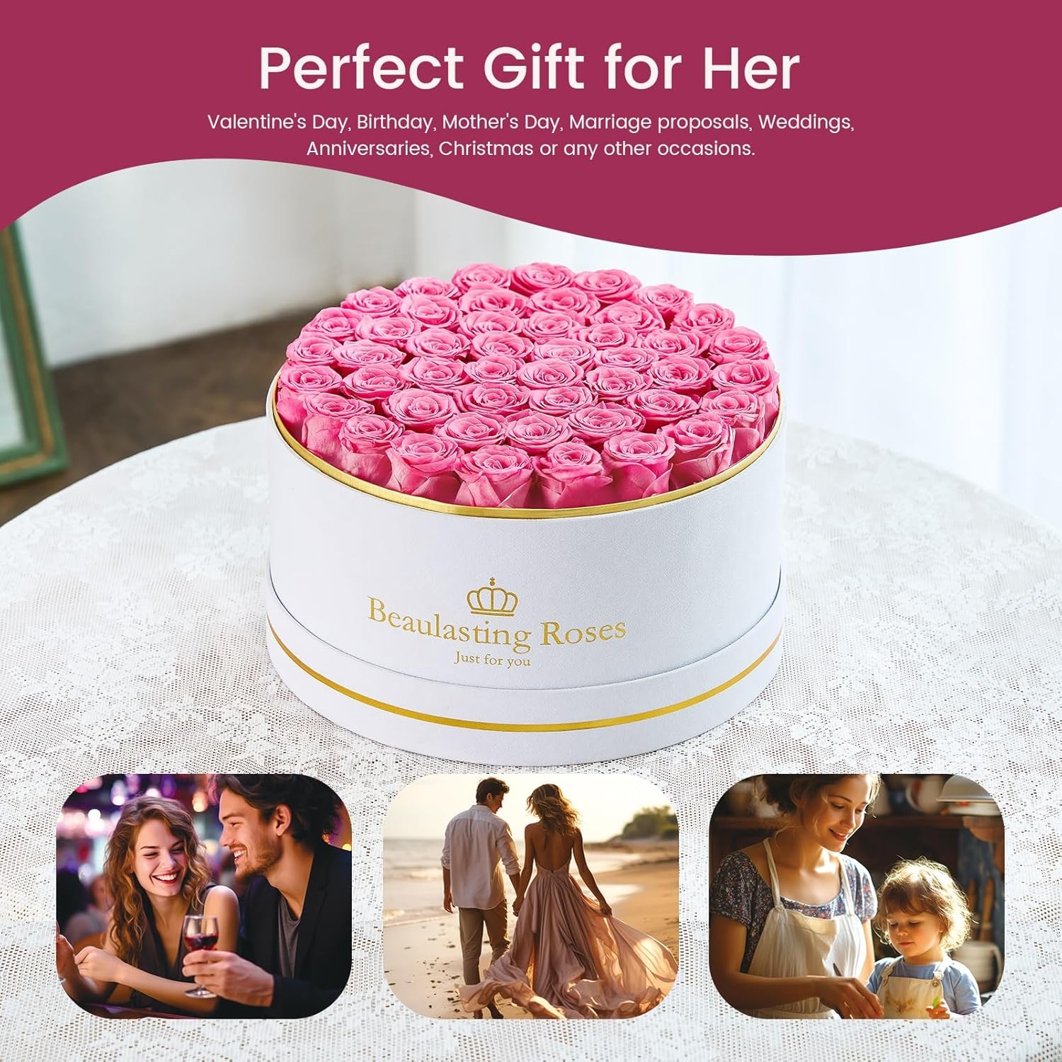 Preserved Roses 47 Piece Forever Flowers in a Box Mother’s Day Pink