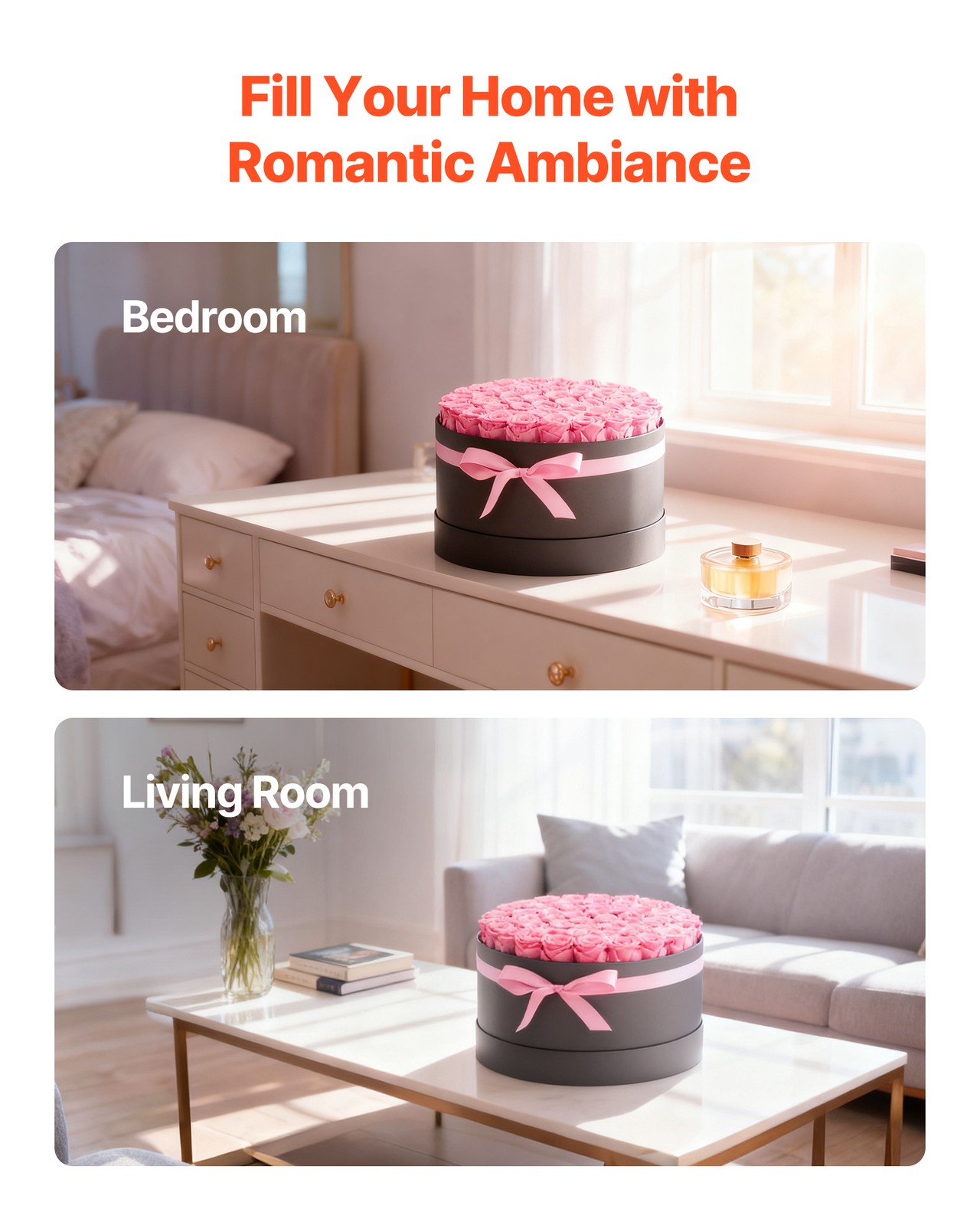 VEVOR Forever Flowers 50 Preserved Roses Round Box Eternal Bouquet Sweet Pink