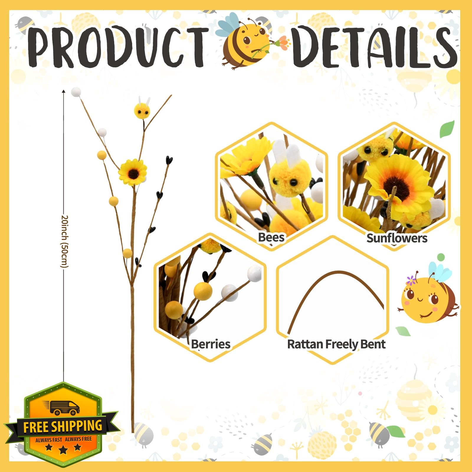 CRCZK Bee floral stems, yellow brown