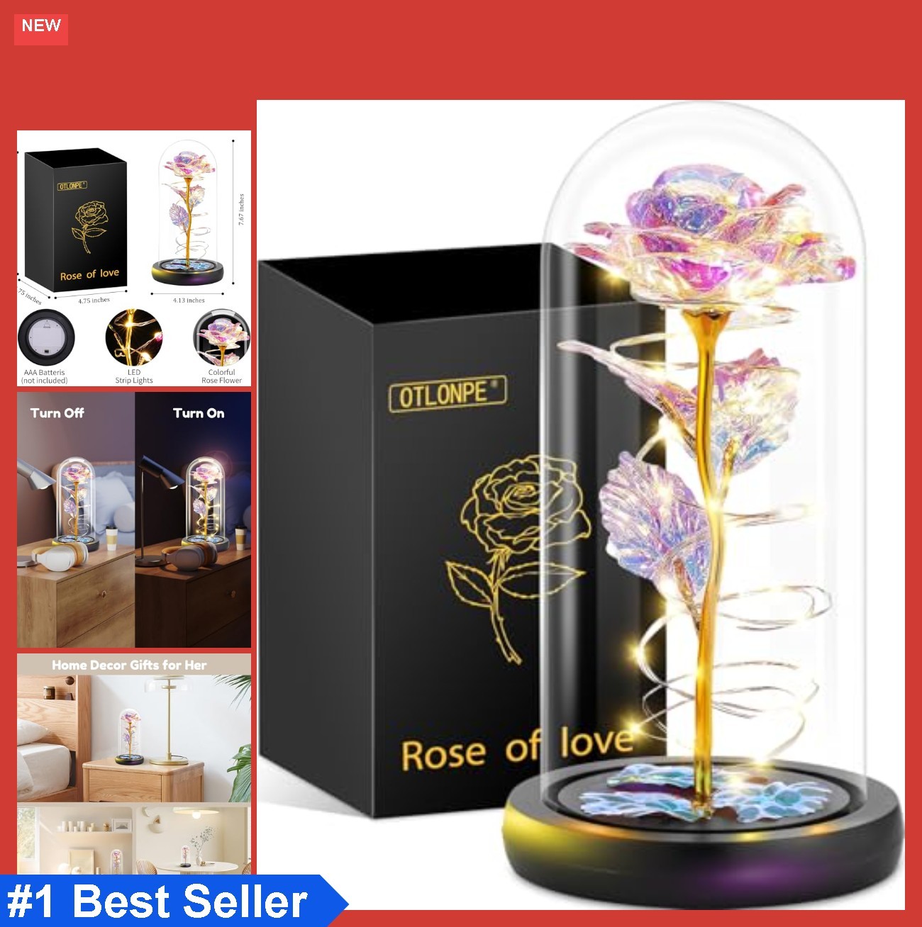Artificial LED Rose Flower Glass Dome 7.7 Inch Night Light Home Decor Gift