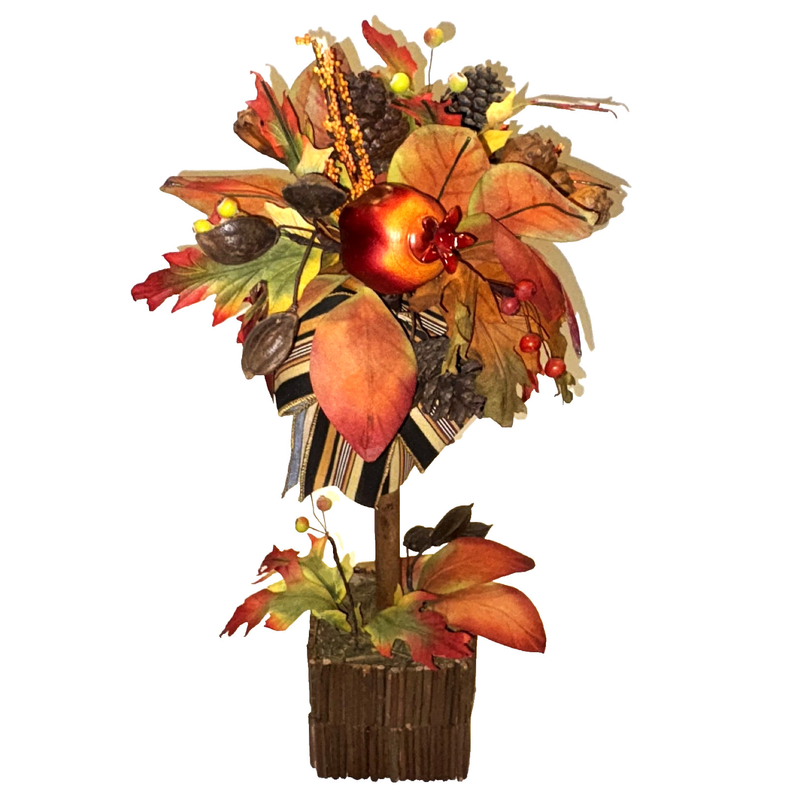 Fall Topiary Tree 20″ Orange Brown Faux Floral Decor Autumn Leaves Fruit Ribbons