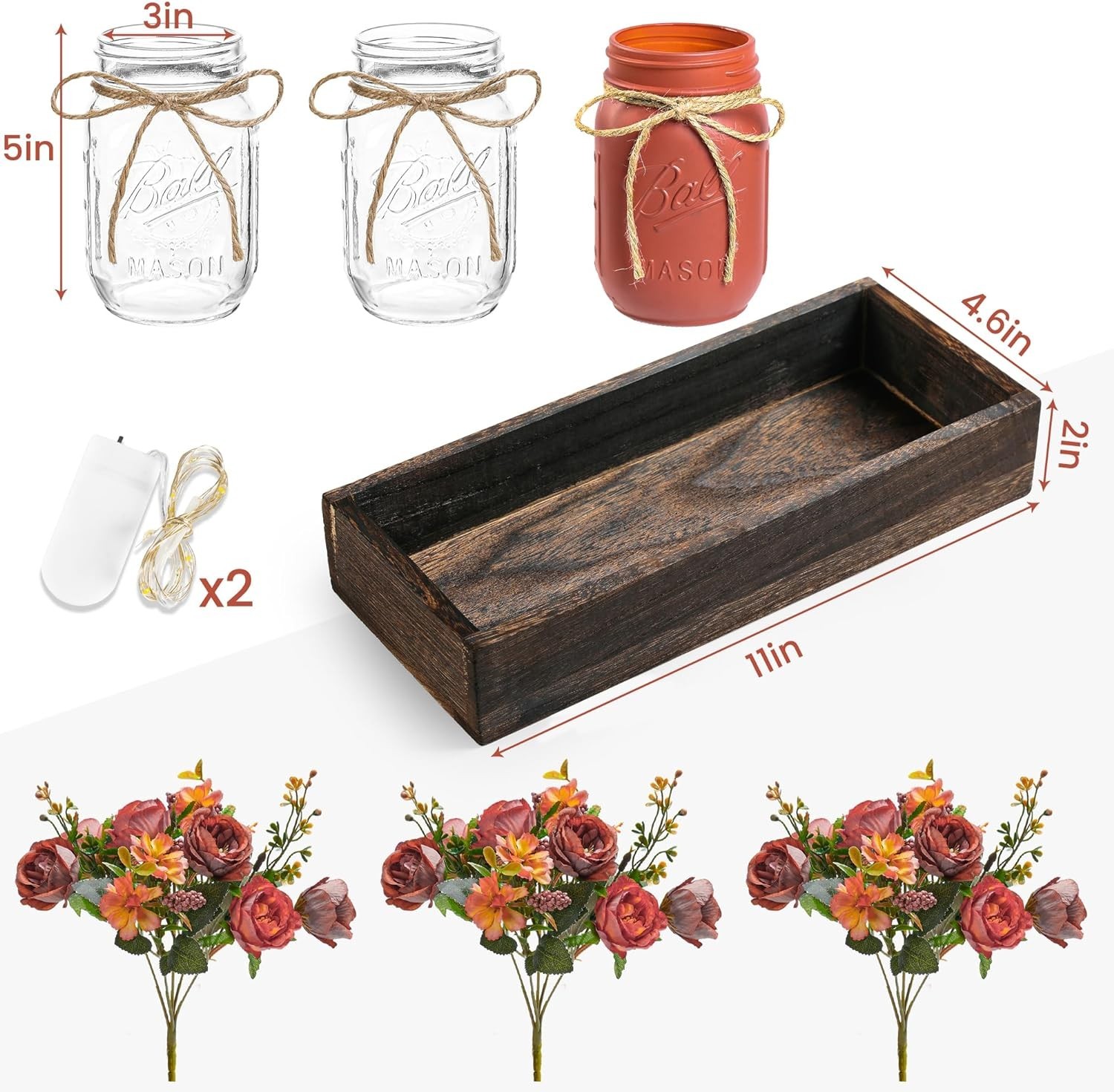 Versatile 3-Pc Mason Jar Set with Wood Tray & LED for Dining & Living Spaces