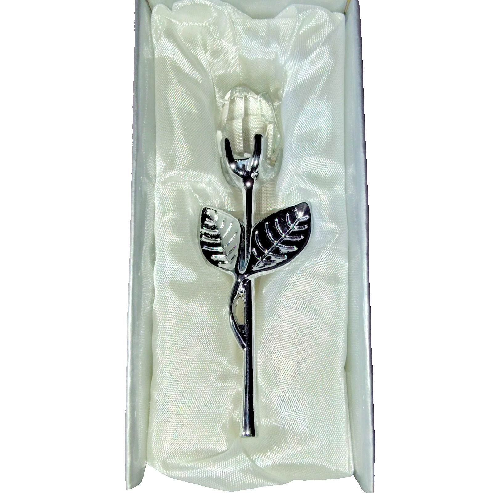 Crystal Rose Silver Metal Stem Clear Glass Flower Gift Box 4″