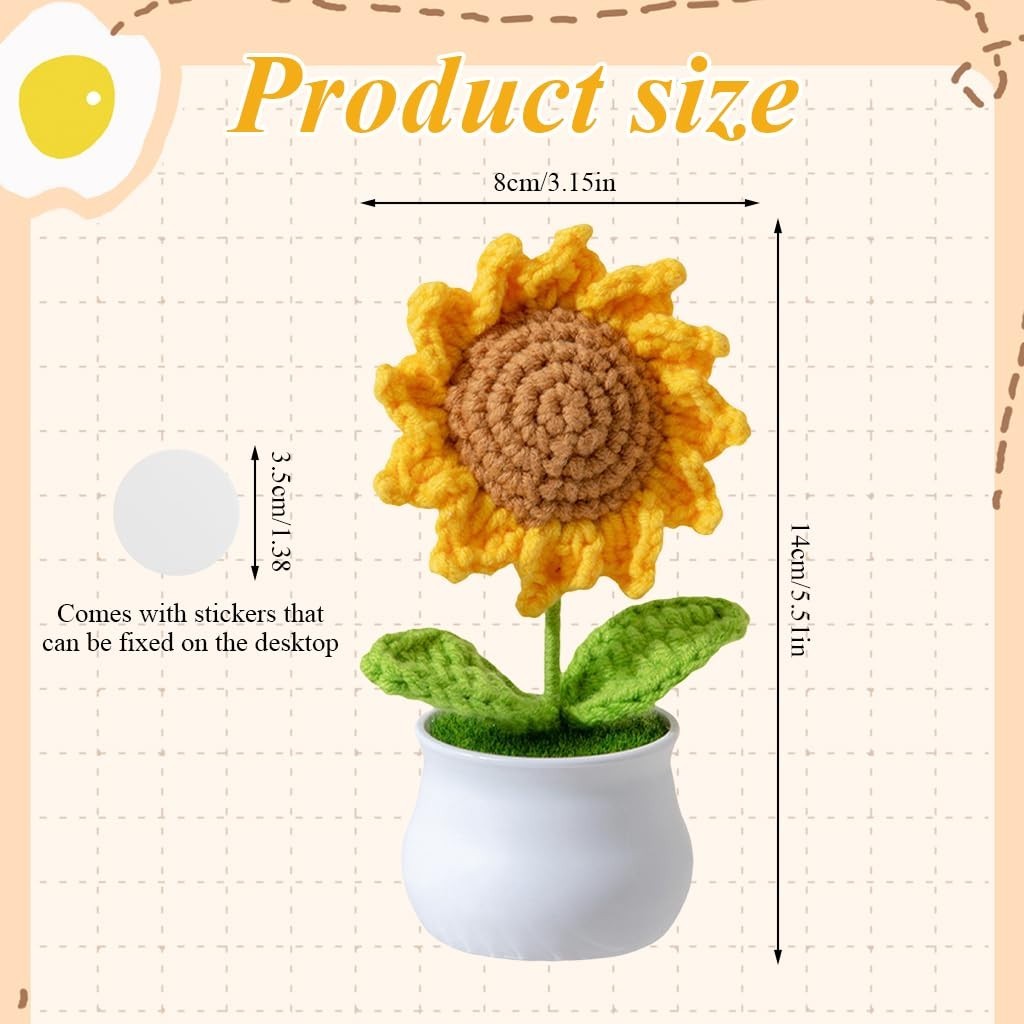 Desk Decor Small Sunflower Flower Pot Handmade Crochet, Book Shelf, Table Top