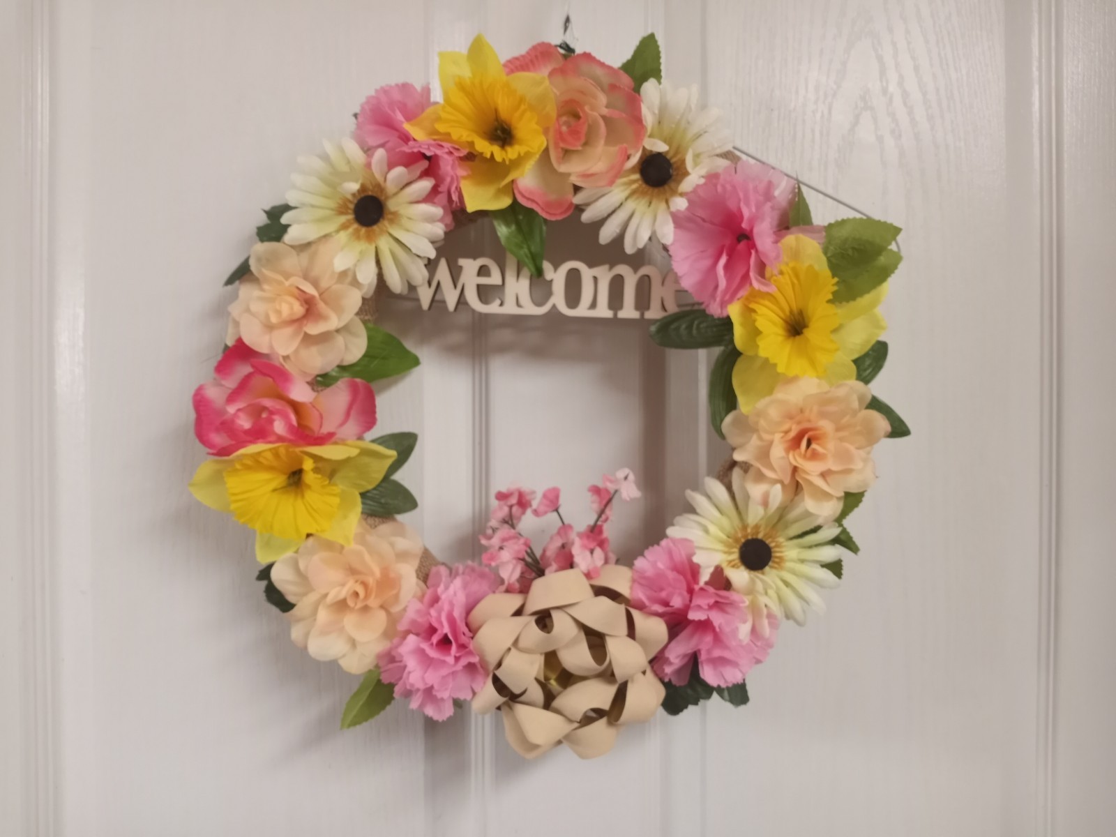 Homemade 14″ Artifical flower Spring Summer Welcome Floral Burlap Door Wreath