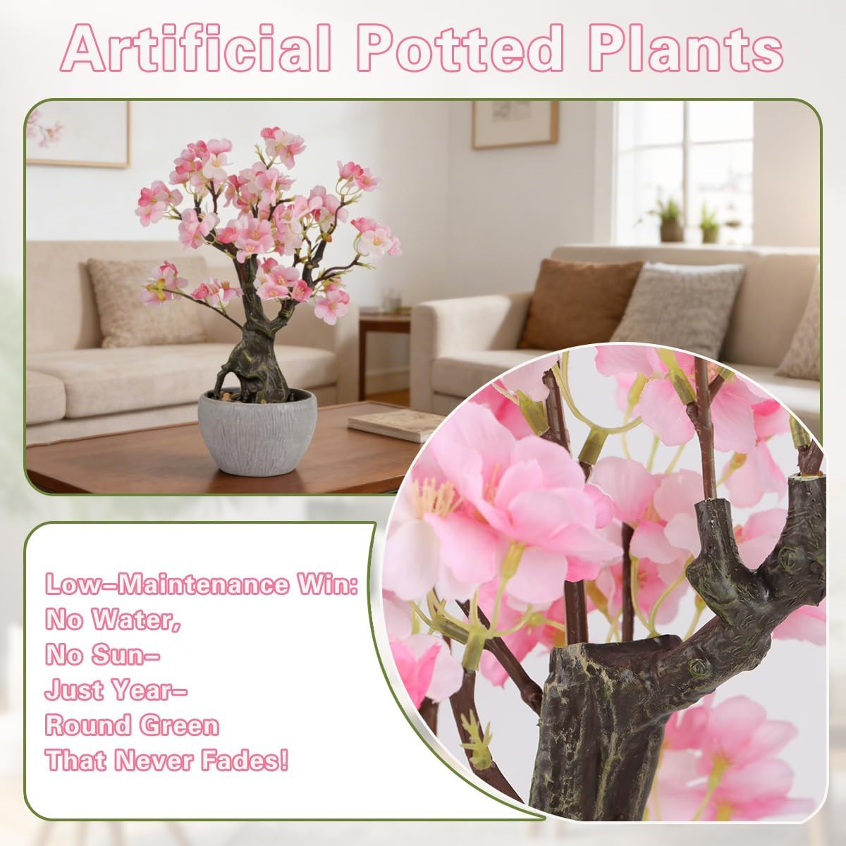 15.7” Artificial Pink Cherry Blossom Tree – Realistic Faux Floral Decor