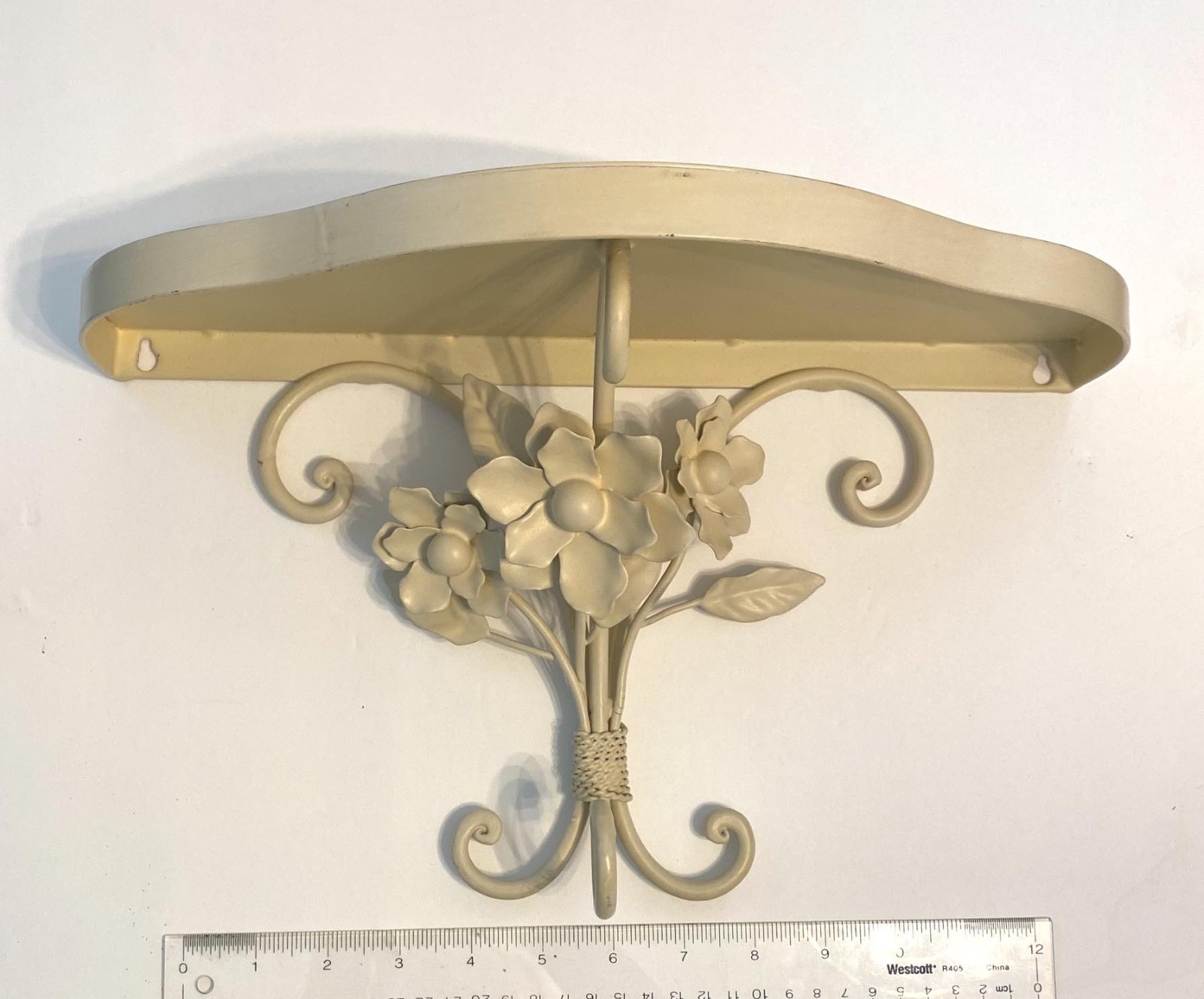 Vintage Ivory Cream off White Metal Floral Flowers Leaves Wall Shelf Beautiful!