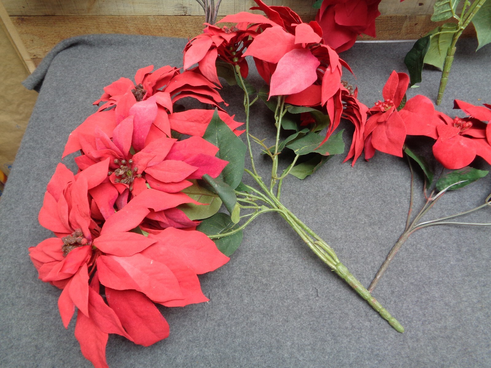 4 – Vintage Flocked Red Poinsettias 14″ & 18″ Artificial Christmas Stems