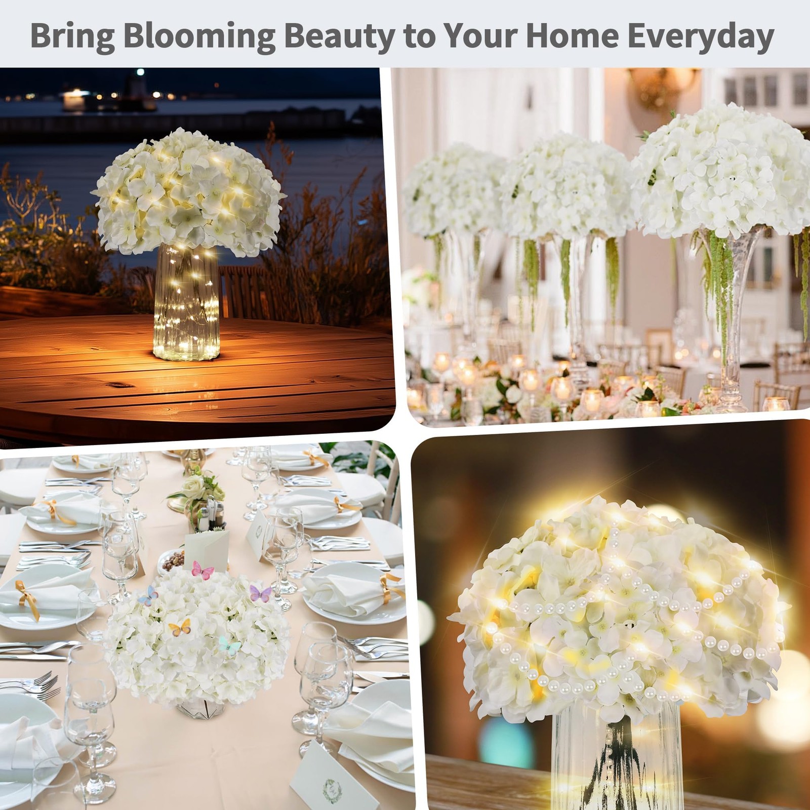 DIYPOP 40 PCS Ivory Silk Hydrangea Flowers, Detachable Heads + 8-Inch Wired S…