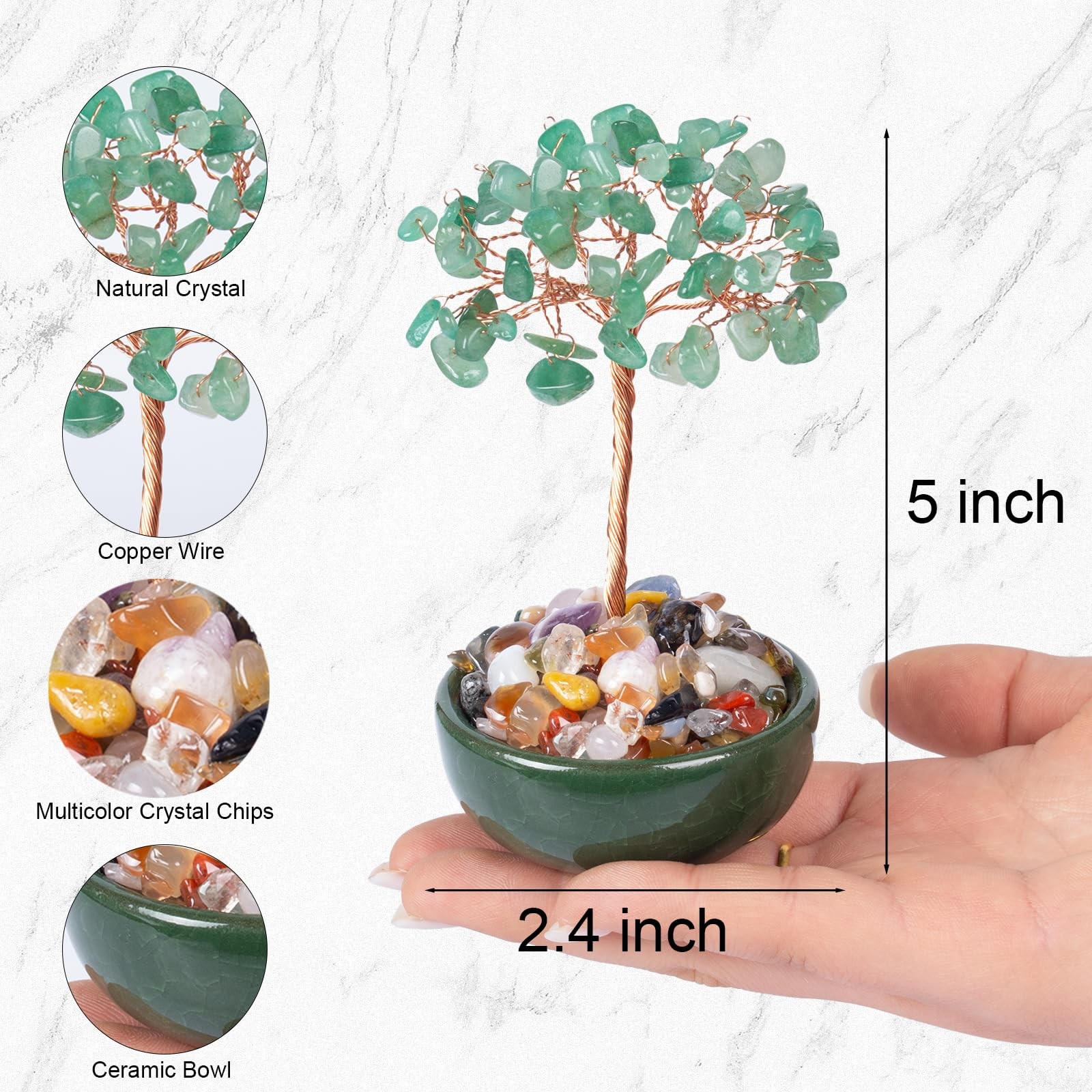Green Aventurine Crystal Tree of Life with Ceramic Bowl Base, 5 Inch Feng Shu…