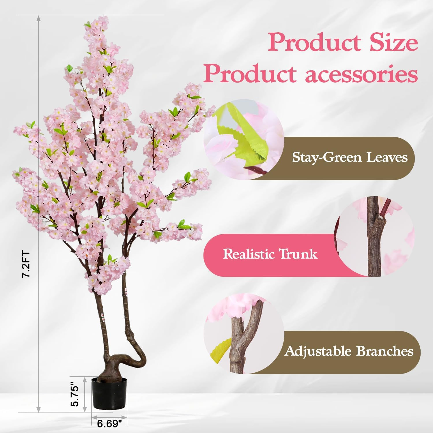 7.2Ft Pink Faux Cherry Blossom Tree for Home & Holiday Decor