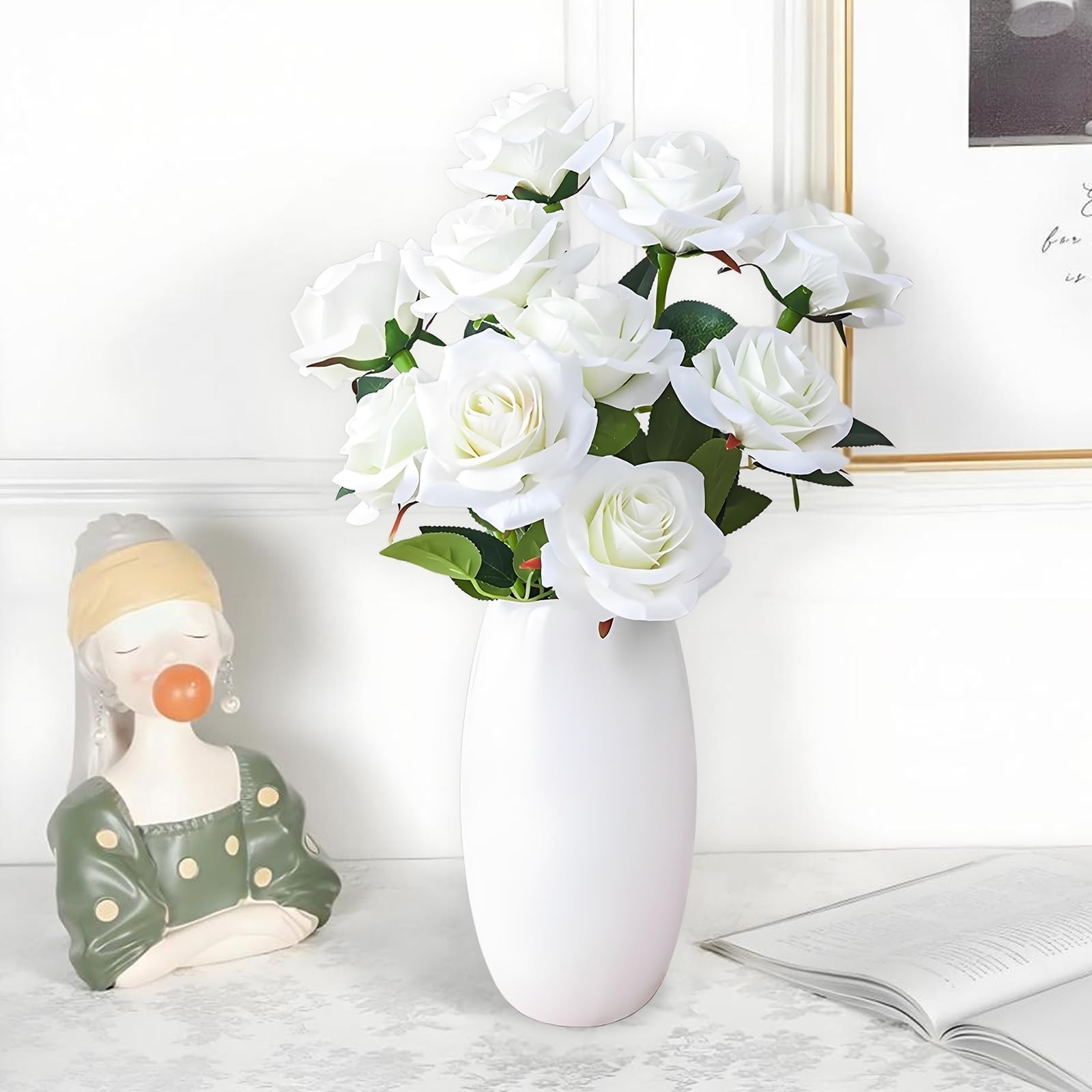 Umisu 200 Milky White Fake Silk Roses 3.7in Velvet Heads 50cm Stems