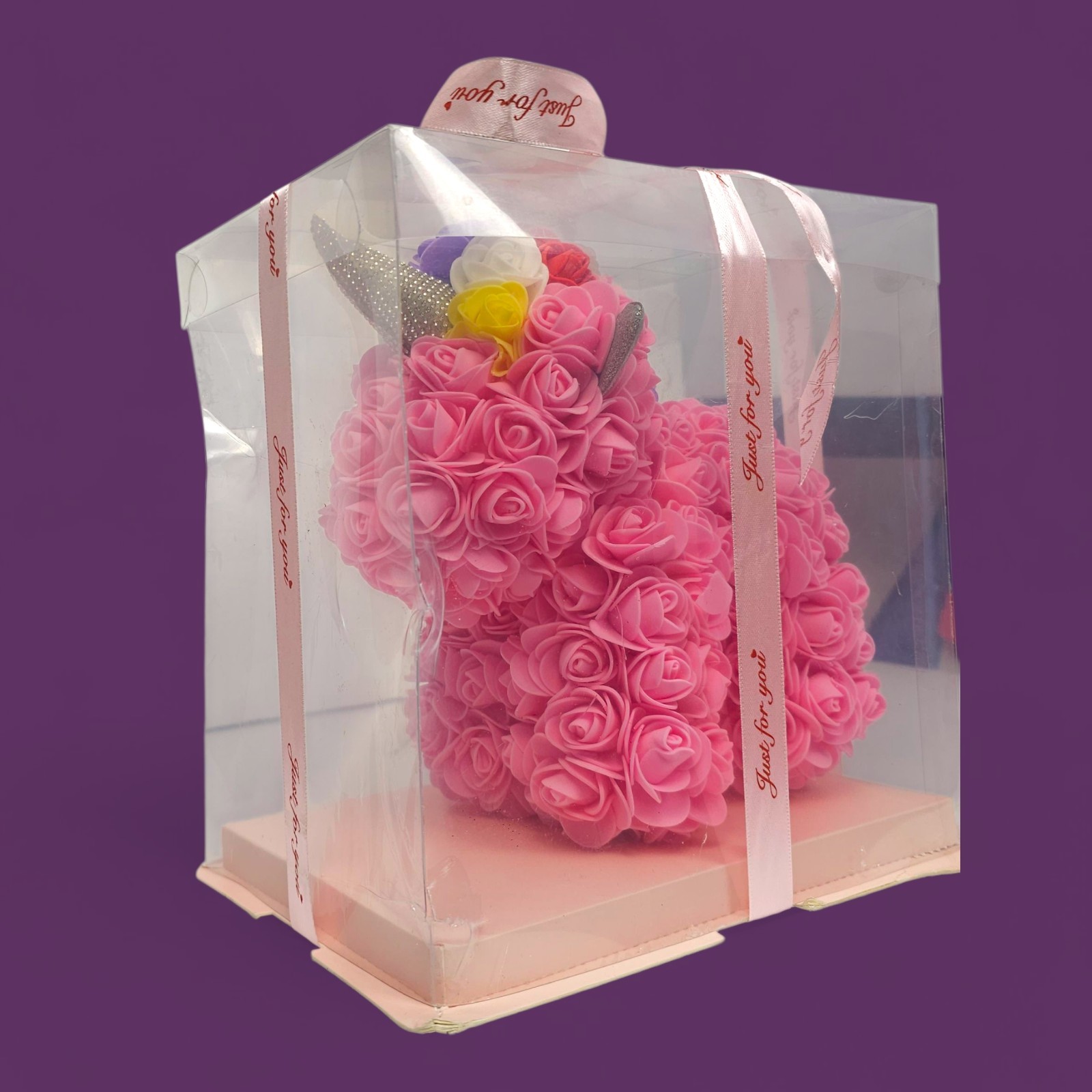 Rose Unicorn Gift – Pink Foam Flowers, Rainbow Mane, “Just For You” Box Damaged