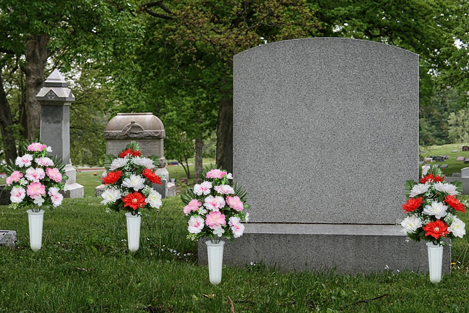 Artificial Cemetery Flowers, Spring Memorial Bouquet with Vase, Outdoor Grave…