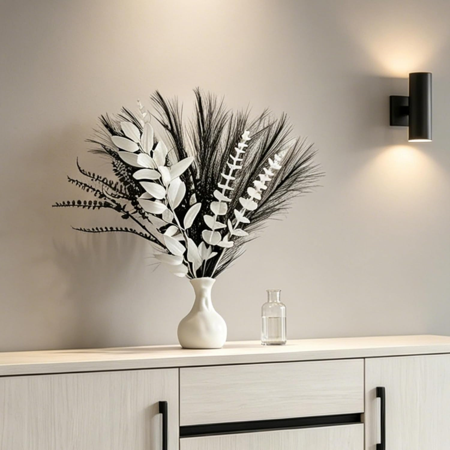 Black and White Artificial Bouquet – 17″ Eucalyptus Leaves and Pampas Grass, for