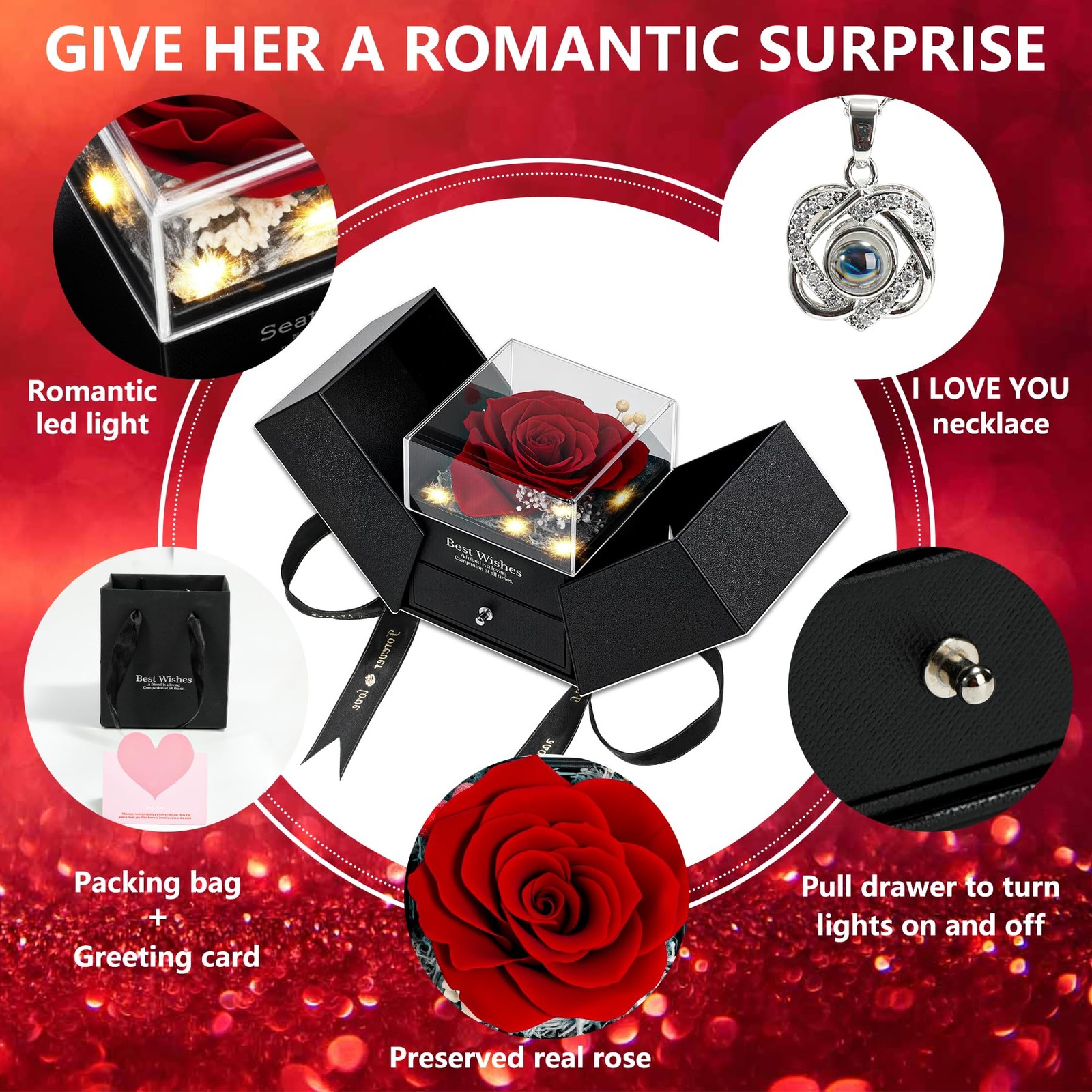 Preserved Real Red Rose with I Love You Heart Necklace 100 Languages – Eternal F
